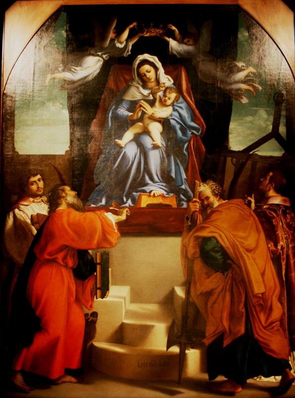 Лоренцо Лотто. Мадонна, коронуемая ангелами, с Младенцем и Святыми. 1538
